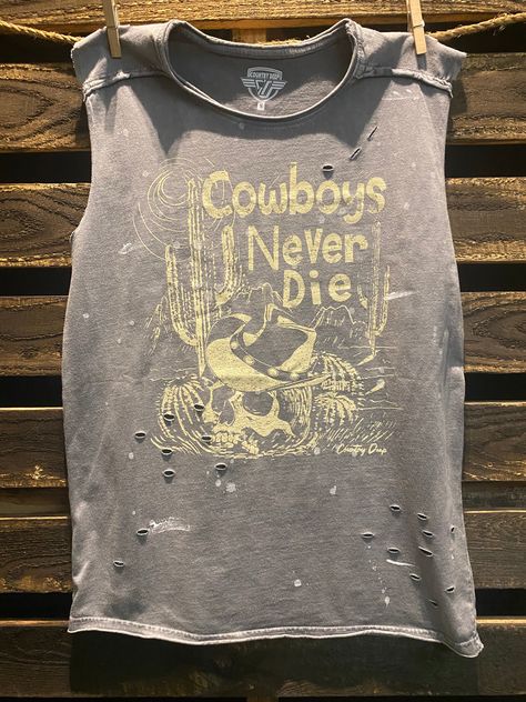 Country Deep Cowboys Never Die distressed acid wash with splatter detail muscle tank top available in faded black Bleach Dye Patterns, Bleach Dye Techniques, Business Women Dress, Business Dress Women, Badass Outfit, Fashion Forward Outfits, Muscle Tank Top, Bleach Dye, Muscle Tank Tops