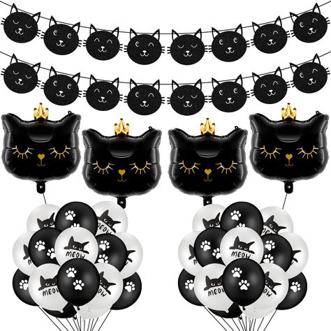 PRICES MAY VARY. Nice combination for your party: you will get 36 pieces of cat themed birthday party supplies in total, including 2 pieces of kitten banners, 30 pieces of 12 inch cat balloons in 2 colors, 15 pieces for white and 15 pieces for black, 4 pieces of crown cat foil balloons, the rich quantities and different styles can meet your decoration needs for your birthday party Make your party more interesting: our black cat decorations are full of cat elements, such as the patterns of paw an Cat Birthday Party Decorations, Cat Birthday Banner, Black Cat Birthday, Balloon Crown, Cat Party Decorations, Paw Party, Cat Themed Birthday Party, Cat Balloons, Black Cat Decor