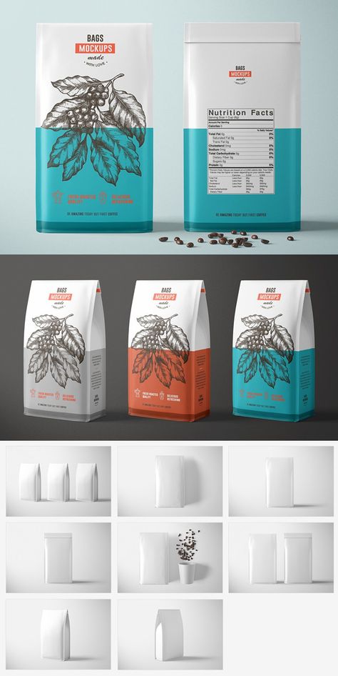 Paper Coffee Bag Mockup Set Tea Website, Product Packaging Design, Packaging Template Design, Coffee Box, Paper Pouch, Packaging Template, Creative Box, Food Poster Design, Bag Mockup