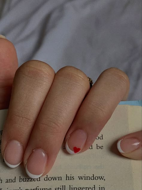 Short Nail With Heart, February Nail Inspo Short, Short French Tip Nails No Acrylic, Valentines Nails Short French Tip, Short French Tips Valentines, Heart French Tip Nails Short, Valentines Nail Inspo Short, Valentines Day Nails Biab, Simple Valentines Day Nails French Tip