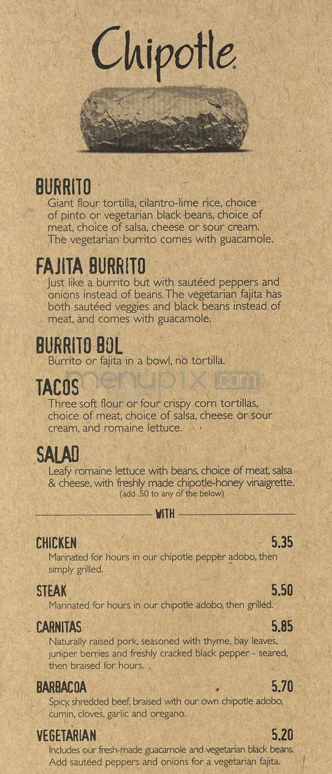 Chipotle Menu, Vegetarian Burrito, Menu Pdf, Sauteed Peppers And Onions, Printable Menu, Cilantro Lime Rice, Sauteed Veggies, Corn Tortillas, Romaine Lettuce