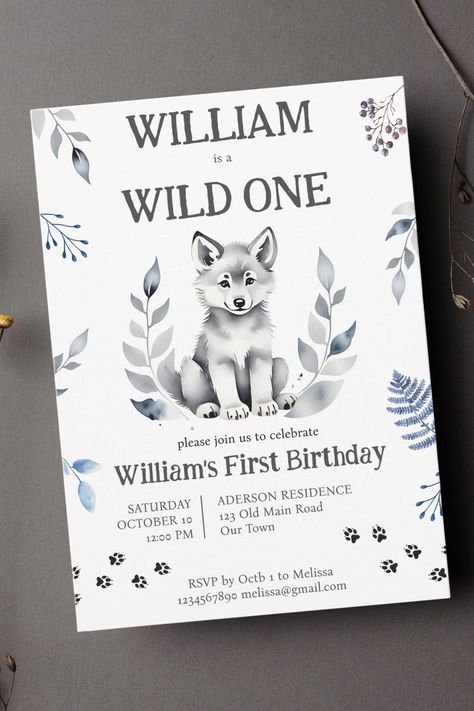 Wolf themed wild one woodlands birthday party template invitation instant download cute wolf cub pup nice for fall winter time and for people who love wolves and wildlife adventures Wolf First Birthday, Wolf Birthday Party Ideas, Wolf Themed Birthday Party, Woodlands Birthday Party, Woodlands Birthday, Wolf Party, Wolf Birthday, Birthday Party Template, Thank You For Birthday Wishes