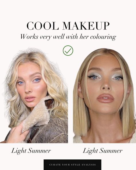 A Light Spring VS Light Summer comparison of Elsa Hosk 🤍 . #coloranalysis #colouranalysis #coloranalyst #lightsummer #lightspring #elsahosk Spring Vs Summer Color Analysis, Light Spring Vs Light Summer, Soft Summer Makeup Palette, Light Summer Makeup Looks, Light Spring Makeup, Soft Summer Hair, Makeup Color Palette, Light Summer Makeup, Flattering Makeup