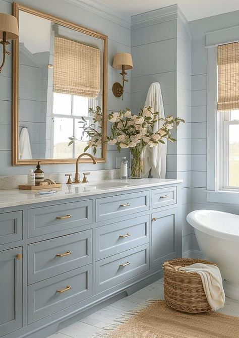 French Coastal Bathroom, Blue Accent Bathroom Ideas, Blue Accent Bathroom, Light Blue And White Bathroom, Soft Blue Bathroom, Beige And Blue Bathroom, Southern Bathroom, Calm Bathroom, Neutral Bathroom Ideas