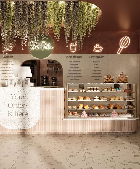 Beige Bakery Aesthetic, Italian Coffee Shop Design, Cute Bakery Design, Home Coffee Shop Design, Mini Bakery Shop Design Interior, Cute Bakery Ideas, Coffee Shop Color Scheme, Coffee Shop Design Interior Small Spaces, Bakery Interior Design Modern