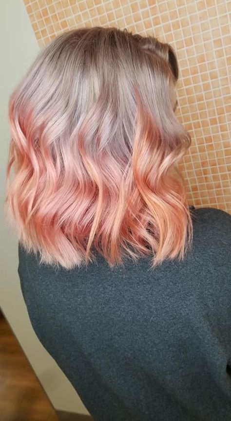 Blonde Peach Ombre Hair, Coral Hair Ombre, Silver And Peach Hair, Blonde Bayalage, Blonde To Pink Ombre, Peach Hair Colors, Coral Hair, Pink Ombre Hair, Cotton Candy Hair