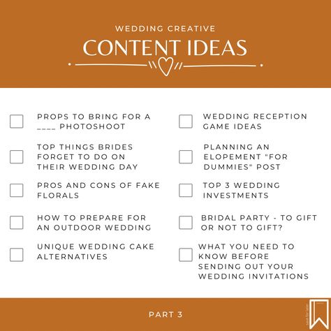 Brainstorm of wedding content for wedding photographers, calligraphers, florists, djs and event planners. content creation ideas Event Planner Content Ideas, Wedding Planner Content Ideas, Bridal Content Ideas, Wedding Content Creator Ideas, Wedding Content Creator, Content Batching, Content Creation Ideas, Introductory Paragraph, Wedding Content