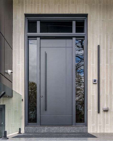 Modern Front Door Ideas, Exterior Doors With Sidelights, Door With Sidelights, Grey Front Doors, Front Door Ideas, Steel Doors Exterior, Flush Door Design, Modern Entry Door, Metal Front Door