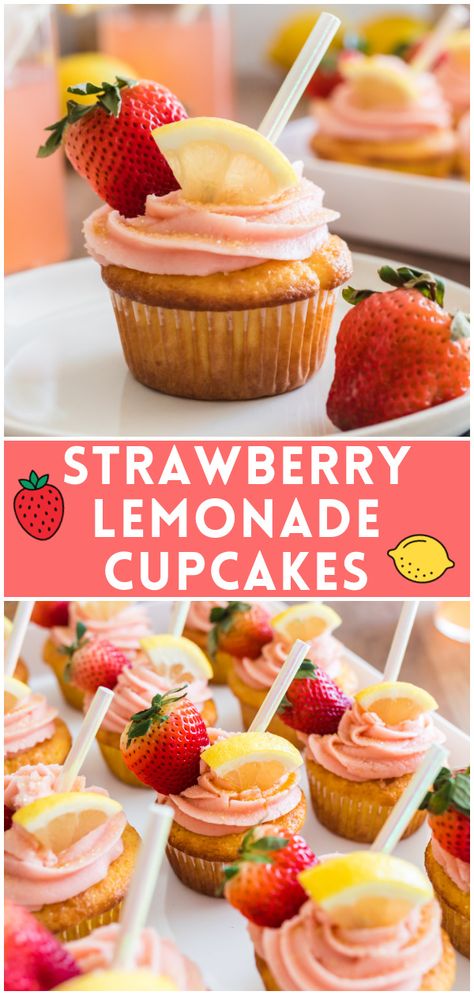 Strawberry Lemonade Cupcakes - lemon cupcakes topped with an easy homemade strawberry frosting. These are so delicious and so easy. The cupcakes start with a boxed cake mix! Strawberry Frosting Recipes, Strawberry Lemonade Cupcakes, Easy Strawberry Lemonade, Strawberry Buttercream Frosting, Strawberry Cream Cheese Frosting, Lemonade Cupcakes, Strawberry Frosting, Strawberry Buttercream, Strawberry Flavor