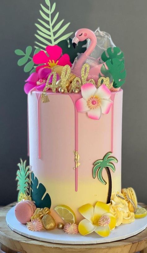 Tropical Barbie Birthday Party, Tropical Cakes Birthday, Birthday Cake Tropical Theme, Hawaiian Luau Cake Ideas, Luau Birthday Cake Ideas, Hawaiian Birthday Cake For Women, Flamingo Tropical Cake, Tropical Birthday Cake For Women, Aloha Party Cake