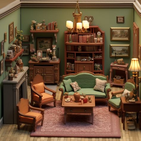 Miniature Dollhouse Living Room, Victorian, Wood Theme, 3-d model, Plasticine Miniature Houses Interior, Living Room Diorama, Dollhouse Room Boxes, Miniature Victorian House, Miniature House Interior, Stardew Furniture, Victorian Furniture Living Room, Victorian Dollhouse Interior, Library Miniature