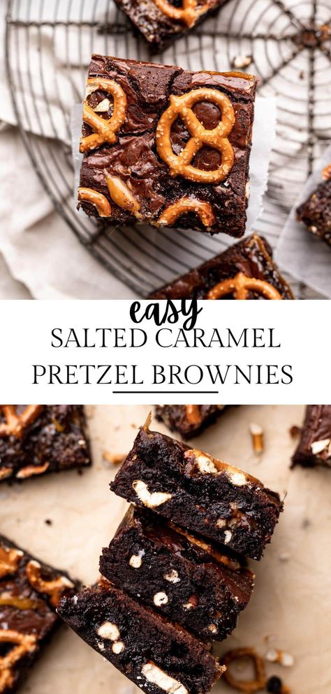 Caramel Pretzel Brownies, Cambrea Bakes, Pretzel Brownies, Salted Caramel Pretzels, Easy Potluck, 8x8 Pan, Caramel Pretzels, Salted Caramel Brownies, Caramel Brownies