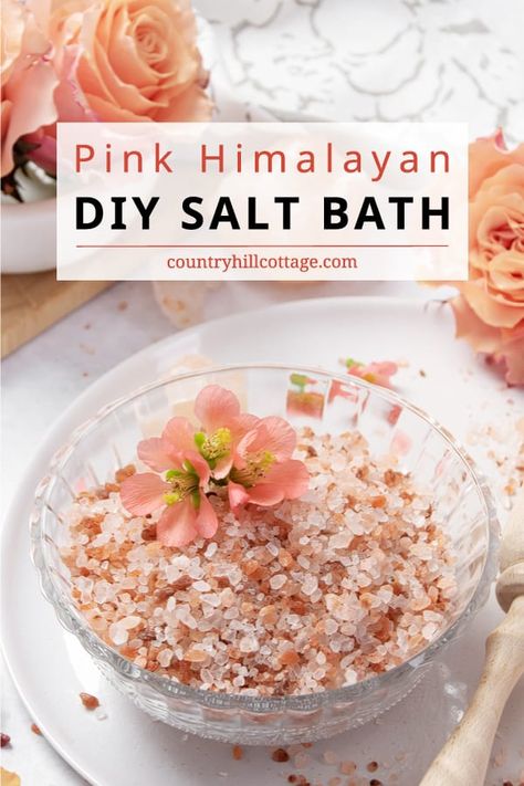 Treat yourself to a pampering bath session with a relaxing Himalayan salt bath and learn the potential benefits of pink sea salt! The homemade bath soak recipe contains nourishing pink Himalayan salt and natural essential oils to revitalize your skin, soothe sore muscles, and put your mind at ease as you relax in the tub. The DIY bath salts recipe includes variations with Epsom salt, dead sea salt, and magnesium flakes. Mineral baths can help with acne and eczema. | CountryHillCottage.com Salt Bath Recipe, Salt Bath Benefits, Diy Bath Salts With Essential Oils, Diy Bath Soak, Bath Soak Recipe, Bath Benefits, Bath Salts Recipe, Himalayan Salt Bath, Bath Salts Diy