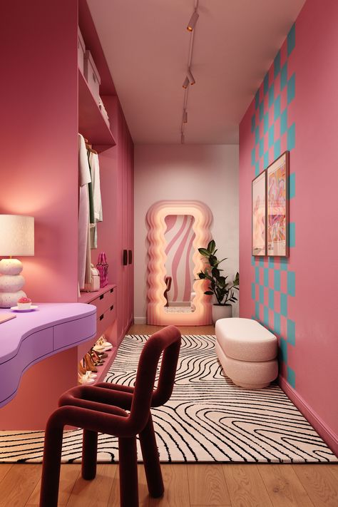 Memphis Bedroom, Barbie Room Decor, Garderobe Design, Funky Bedroom, Barbie Bedroom, Bedroom Pink, Barbie Room, Pastel Room, Pink Barbie