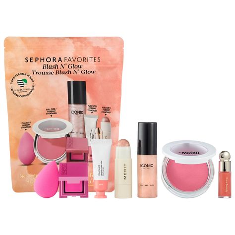 A seven piece set of bestselling blushes, setting spray and Beautyblender, including full sizes from Makeup By Mario, glossier and Merit. What Else You Need to Know: Torn on which blush or highlight to try out? Treat yourself to a beautifully curated collection of blushes and highlights paired with the perfect sponge applicator. This set features seven holy grail products you are bound to fall in love with. Full-size faves are from Makeup by Mario, Glossier, Merit, and Beauty Blender paired with one mini and two super-cute deluxes. Sefora Makeup Products, Sephora Favorites Sets, Sephora Gift Sets, Aesthetic Finds, Blush Veil, Makeup By Mario, Wishlist Ideas, Holy Grail Products, Sephora Favorites