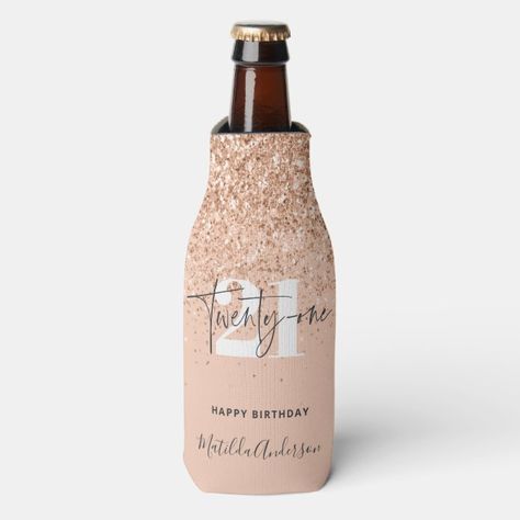 Beer Sleeve, 21st Birthday Party, Birthday Party 21, Modern Typography, Insulated Bottle, Elegant Chic, Peach Pink, 21st Birthday, Hand Warmers