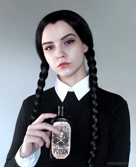 Wednesday Addams by NMamontova on DeviantArt Wednesday Oc, Wednesday Addams Makeup, Pigtail Wig, Maquillage Halloween Simple, Wednesday Addams Costume, Mexican Halloween, Sara Gilbert, Wednesday Adams, Halloween Coustumes