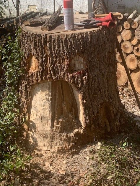 Gnome Home | Hometalk Hobbit House Tree Stump, Tree Stump Ideas Garden Fairy Houses Gnome Door, Gnome House Diy Tree Stump, Gnome House Tree Stump, Gnome Home Tree Stump, Tree Stump Fairy House Diy Ideas, Gnome Houses From Tree Stumps, Tree Stump Gnome House, Gnome Tree Stump House