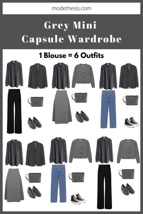 Mini Grey Capsule Wardrobe: 13 Pieces & 24 Outfits - Mode Thesis Dark Grey Blouse Outfit, Grey Shirt Black Pants Outfit Women, Grey Slacks Outfit Women Winter, Grey Turtleneck Outfit Women, Work Outfits Women Grey Pants, Dark Grey Hijab Outfit, Ootd Dark Grey, Grey Ootd Hijab, Grey Silk Shirt Outfit