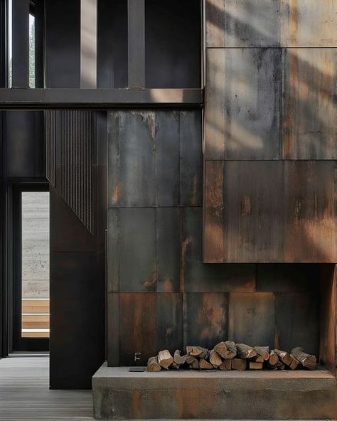 midjourney architect | blackened steel fireplace concepts #imagine #midjourneyarchitect #midjourneydesign #midjourney #aiarchitecture… | Instagram Blackened Steel Fireplace Surround, Corten Fireplace, Blackened Steel Fireplace, Accent Fireplace, Statement Fireplace, Summerhouse Ideas, Industrial Fireplace, Exposed Brick Fireplaces, Featured Wall