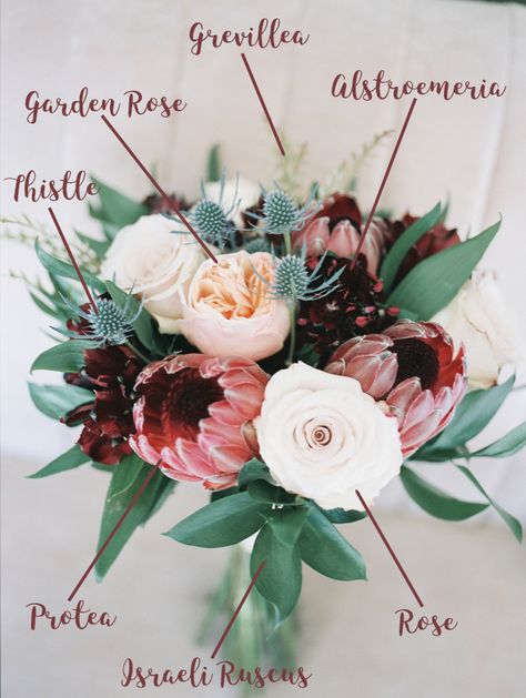 Protea Wedding Bouquet Breakdown | FiftyFlowers Protea And Dahlia Bouquet, Protea And Peony Bouquet, Wedding Flowers Protea, Protea Wedding Table Decor, Protea Wedding Flowers, Protea Flower Bouquet, Protea Bouquet Wedding, Protea Wedding Bouquet, Eucalyptus Wedding Bouquet