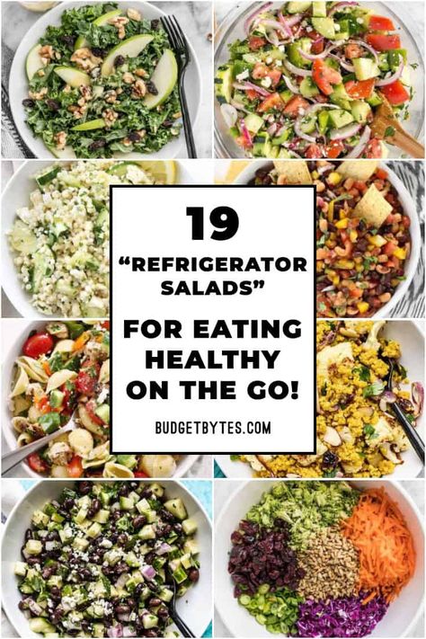 Cook once and eat healthy all week with these 19 Refrigerator Salads that hold up well and stay delicious even after days of refrigeration! BudgetBytes.com #salad #healthyrecipes Roasted Vegetable Couscous, Greek Chicken Pasta, Vegetable Couscous, Roasted Cauliflower Salad, Homemade Balsamic Vinaigrette, Pasta Varieties, Lunch Salads, Eat Healthy, Roasted Vegetables