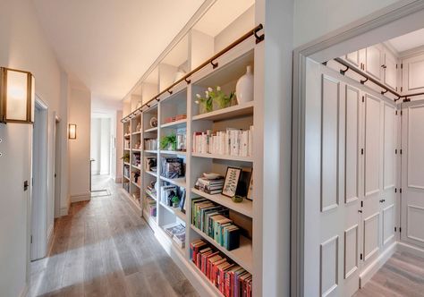 31 Wonderful Hallway Ideas to Revitalize Your Home | Home Remodeling Contractors | Sebring Design Build Long Narrow Rooms, Farmhouse Foyer, Contemporary Bookcase, Large Hallway, Home Remodeling Contractors, White Bookshelves, Entryway Cabinet, Interior Design Plan, Family Room Sofa