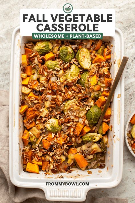 This Roasted Vegetable Casserole is packed with Brussels Sprouts, Butternut Squash, and TONS of Fall Flavor! A delicious Gluten-Free & Vegan side dish. Roasted Vegetable Casserole, Easy Fall Dinner, Easy Fall Dinner Recipes, Fall Casseroles, Butternut Squash Casserole, Dinner Recipe Ideas, Veggie Salad Recipes, Easy Fall Dinners, Vegetable Casserole Recipes