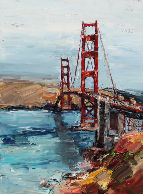 Krista Schumacher Art, San Francisco Painting, Golden Gate Bridge Painting, Lovely Landscapes, City Artwork, Bridge Painting, Landscape Inspiration, San Francisco Golden Gate Bridge, Skyscraper Architecture