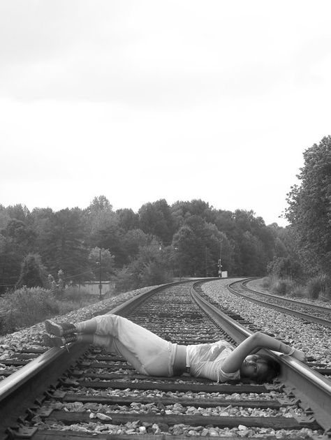 Blonde Underneath Hair, Railroad Photoshoot, Train Tracks Photography, Blonde Underneath, Woman Laying, Summer Photoshoot, In Distress, Business Venture, Black N White Images