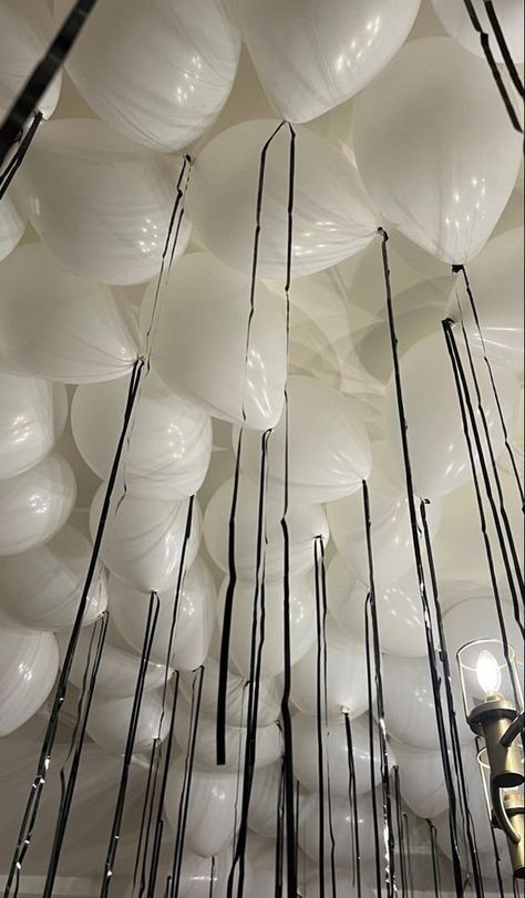 Ribbon Aesthetic, White Party Theme, Champagne Birthday, 21st Bday Ideas, 25th Birthday Parties, Birthday Dinner Party, Bday Party Theme, Black And White Theme, Black Balloons