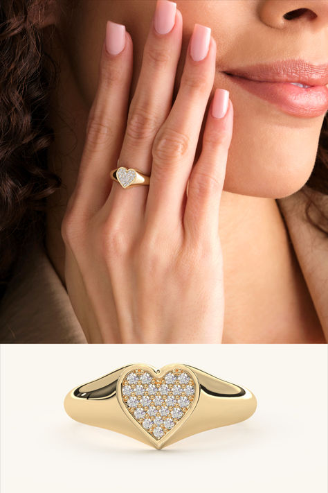 Introducing our charming Solid Gold Pave Diamond Heart Ring - a symbol of love and elegance. Crafted in 14k gold, this Pave Diamond Signet Ring features a heart-shaped design, perfect for expressing your affection.

Whether worn as a pinky ring or on the index finger, this Gold Love Heart Band adds a touch of romance to any outfit. It's a thoughtful jewelry gift for her, ideal for birthdays or any special occasion. Pinky Ring Gold, Pinky Rings For Women, Gold Pinky Ring, Diamond Signet Ring, Heart Band, Diamond Heart Ring, Ring Heart, Gold Jewellery Design Necklaces, Jewelry Design Necklace