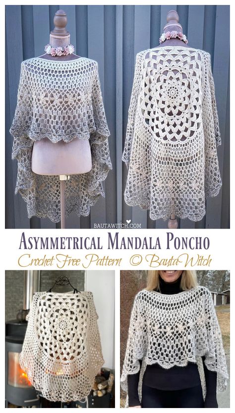 Asymmetrical Mandala Poncho Crochet Free Pattern - Crochet & Knitting Poncho Crochet Pattern Free, Crochet Cape Pattern Free, Crochet Lace Poncho, Crochet Kimono Pattern, Crochet Cape Pattern, Poncho Patterns, Lace Poncho, Crochet Kimono, Crochet Poncho Free Pattern