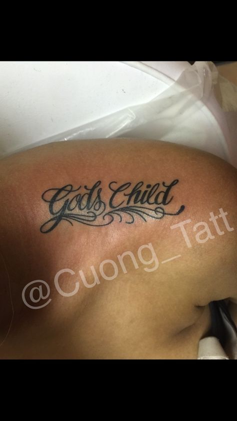 "God Child" fine line lettering Tattoo! Faith In God Tattoo Ideas, Neckline Tattoo Women, God Got Me Tattoo, Gods Favourite Tattoo, Gods Child Tattoo, God Tattoos For Women Half Sleeves, Child Of God Tattoo, Trust God Tattoo, Gods Plan Tattoo