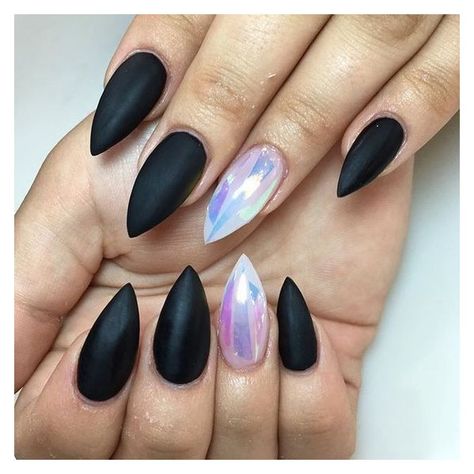 Matte Black Holographic Accent Stiletto Nails ❤ liked on Polyvore featuring nails Ongles Goth, Witch Nails, Witchy Nails, Sharp Nails, Pointy Nails, Stiletto Nail Art, Gothic Nails, Best Nail Salon, Goth Nails