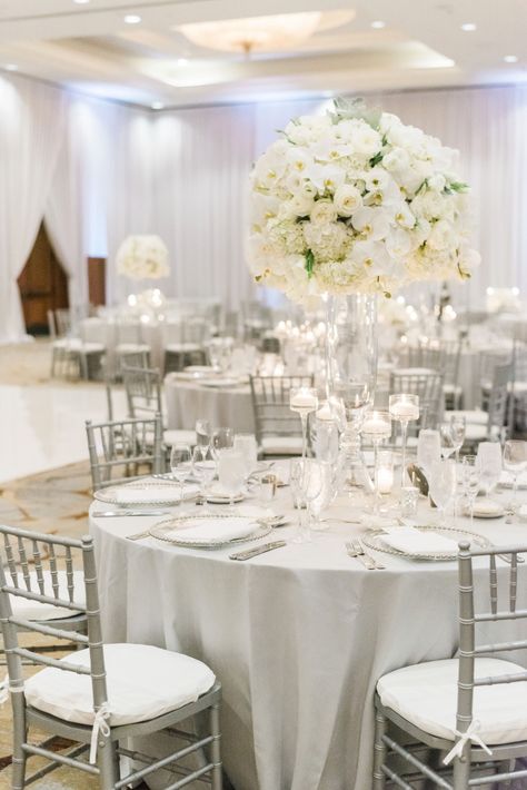 Gallery - Luxury Glam Wedding in Silver and White White Reception Table, Reception Table Linens, Silver Wedding Reception, Wedding Reception Elegant, Pretty Wedding Centerpieces, White And Silver Wedding, Reception Designs, Silver Winter Wedding, White Silver Wedding