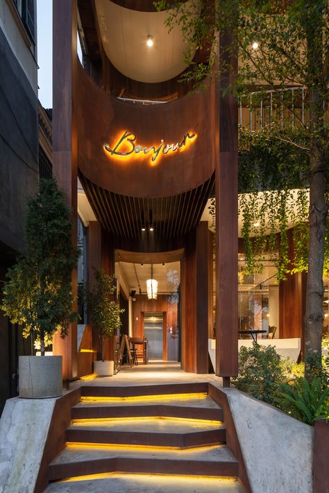 Restaurant Architecture Exterior, Coffee Shop Brand Design, Restaurant Facade Design Architecture, Coffee Lounge Ideas, Restaurant Entrance Design Entryway, Bar Facade, Cafe Facade, Bar Entrance, Thailand Restaurant