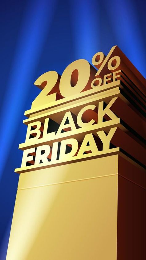 Template for BLACK FRIDAY sale in 20th century fox style with volumetric letters, building and spotlights. Twenty percent OFF. Vector illustration for flyer, discount, shop, cards, promo, ad. Black Friday Flyer, Discount Ad, Black Friday Ads, 20th Century Fox, Friday Sale, Black Friday Sale, The Twenties, 20th Century, Black Friday