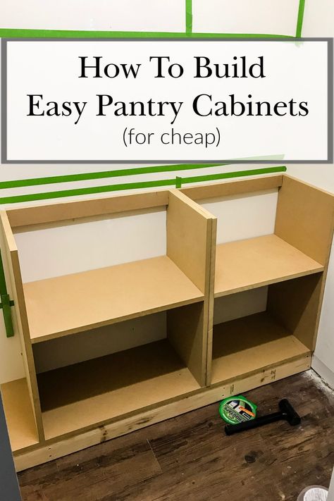 Lower Pantry Storage, Diy Walk In Corner Pantry, Base Cabinet Open Shelving, Pantry Cabinet Plans Diy, Cabinet In Pantry Closet, Diy Wood Shelves Pantry, Diy Butlers Pantry Stock Cabinets, Diy Pantry With Countertop, Pantry Open Cabinets