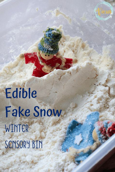 This combination of flour and oil makes edible fake snow that kids will love to play in and mold. What a great base for a Winter sensory bin for little ones #ediblefakesnow #fakesnowsensorybin #wintersensorybin #winteractivitiesforkids #kidsactivities Snow Sensory Bin Toddlers, Sensory Bins For January, One Year Old Winter Crafts, Taste Safe Fake Snow, Sensory Bin Snow, Edible Snow For Toddlers, Edible Fake Snow Recipe, How To Make Edible Snow, Sensory Winter Activities For Toddlers