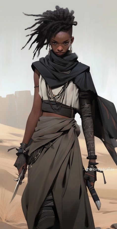 Futuristic Desert Fashion, Nomad Character Design, African Female Warrior, Desert Fits, Warrior Outfits, Desert People, Egyptian Warrior, Viking Women, Black Comics