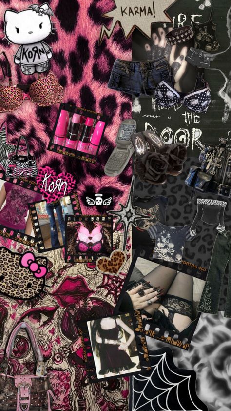 #mcbling #gothic #goth #korn #emo #2000s #bsf #besties #vintage #collageart #black #pink #hotpink #thecure #y2k #y2kaesthetic #grunge #leopard #zebraprint #hellokitty Emo 2000s, Black Pink, Collage, Pink, Black