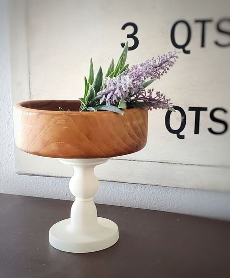 I love wooden bowls and pedestal stands. I figured why not combine my love for both into one piece! I have actually made various pedestal holders in the past, using different types of materials. That's the great thing about this project! It isn't limited to one type of material.For this project, I used a glass candle holder, wood bowl, and chalk paint to create a pretty little pedestal!**Estimated cost is based on what I paid. I had all the supplies on hand before starting.** Diy Pedestal, Off White Paint Colors, Candle Holder Wood, Wooden Plant Pots, Potato Stamp, Vintage Metal Trays, Wooden Picnic Tables, Paper Mache Bowls, Dog House Diy