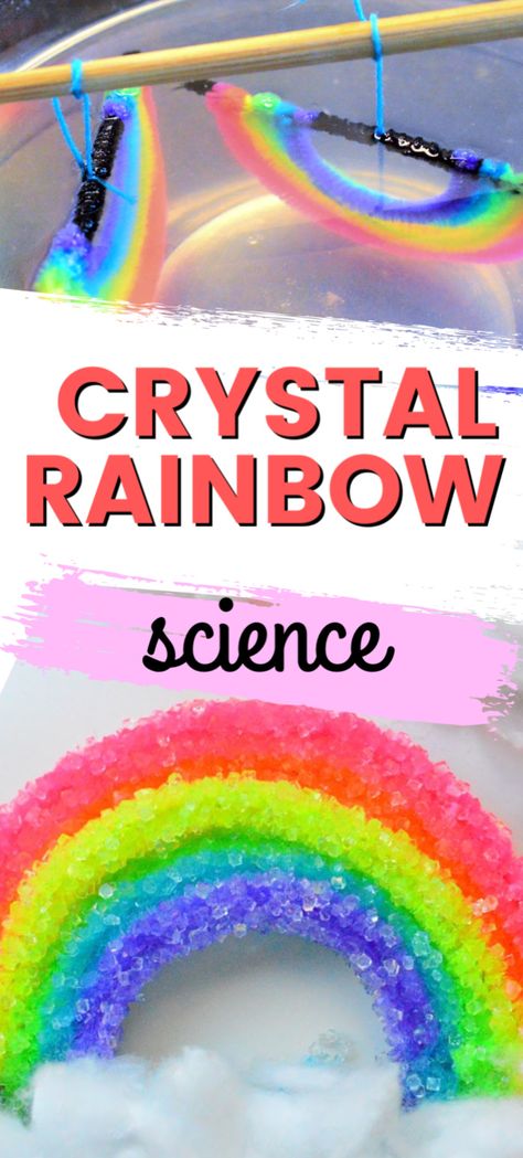 Growing Crystals For Kids, Rainbow Science Experiment, Crystals At Home, Crystals For Kids, Rainbow Science, Rainbow Experiment, Growing Crystals, Rainbow Ornaments, Science Camp