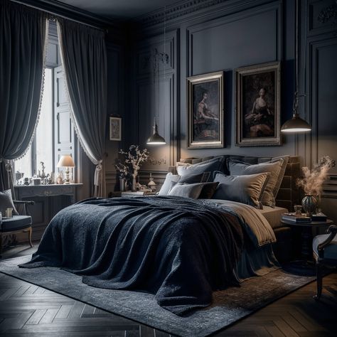 Dark Bedroom Aesthetic🖤🖤 Cool Master Bedrooms, Dark Romance Bedroom, Dark Vintage Bedroom, Seductive Bedroom Ideas Romantic, Dark Victorian Bedroom, Dark Luxury Bedroom, Dark Grey Bedroom Ideas, Dark Aesthetic Bedroom, Master Bedrooms Decor Romantic