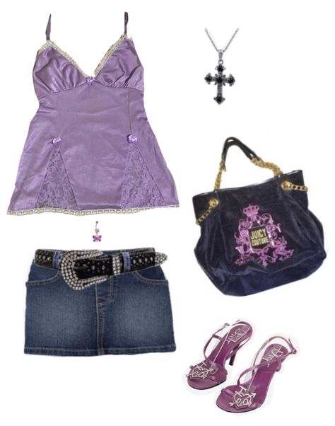 2000s Fashion Outfits Purple, Pale Purple Outfit, Purple Trashy Y2k, Purple 2000s Outfit, Y2k Purple Outfit, Purple Y2k Outfit, Purple Mcbling, 2009 Outfits, Mcbling Fashion