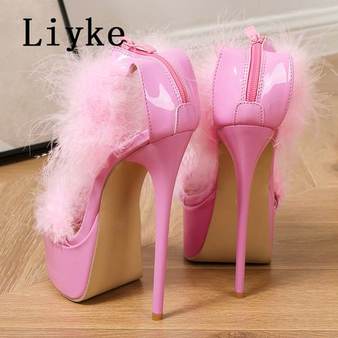 Liyke Sexy Open Toe Stripper Pole Dance Super High Heels Sandals Women Pink Fluffy Fur Platform Heels Patterns, Runway Shoes, Modern Sandals, High Heels Sandals, Wedding Banquet, Super High Heels, Prom Shoes, Platform High Heels, Fashion Heels