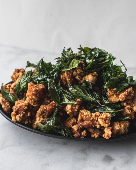 Taiwanese Popcorn Chicken with Fried Basil Taiwanese Popcorn Chicken, Fried Basil, Kimchi Rice, Frozen Grapes, Korean Fried Chicken, Five Spice Powder, Crispy Fried Chicken, Popcorn Chicken, Boneless Chicken Thighs