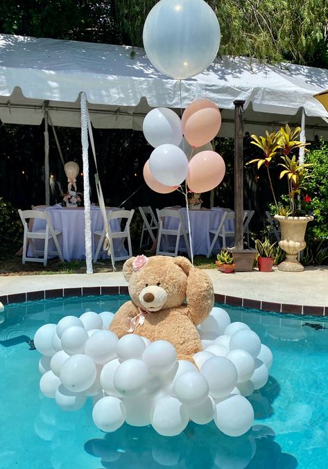 #babyshowerideas Elegant Gender Reveal Ideas, Pool Gender Reveal Ideas, Cloud Baby Shower Theme, Gender Reveal Baby Shower Themes, Hot Air Balloon Decorations, Gender Reveal Themes, Gender Reveal Balloons, Unisex Baby Shower, Gender Party