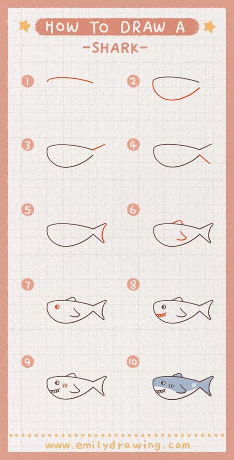 How To Draw a Shark - step by step tutorial with guidelines Shark Drawing Easy, Draw A Shark, Easy Drawing Guides, Shark Drawing, Sharks For Kids, Easy Drawing Steps, Being Creative, Easy Doodle Art, Easy Doodles Drawings